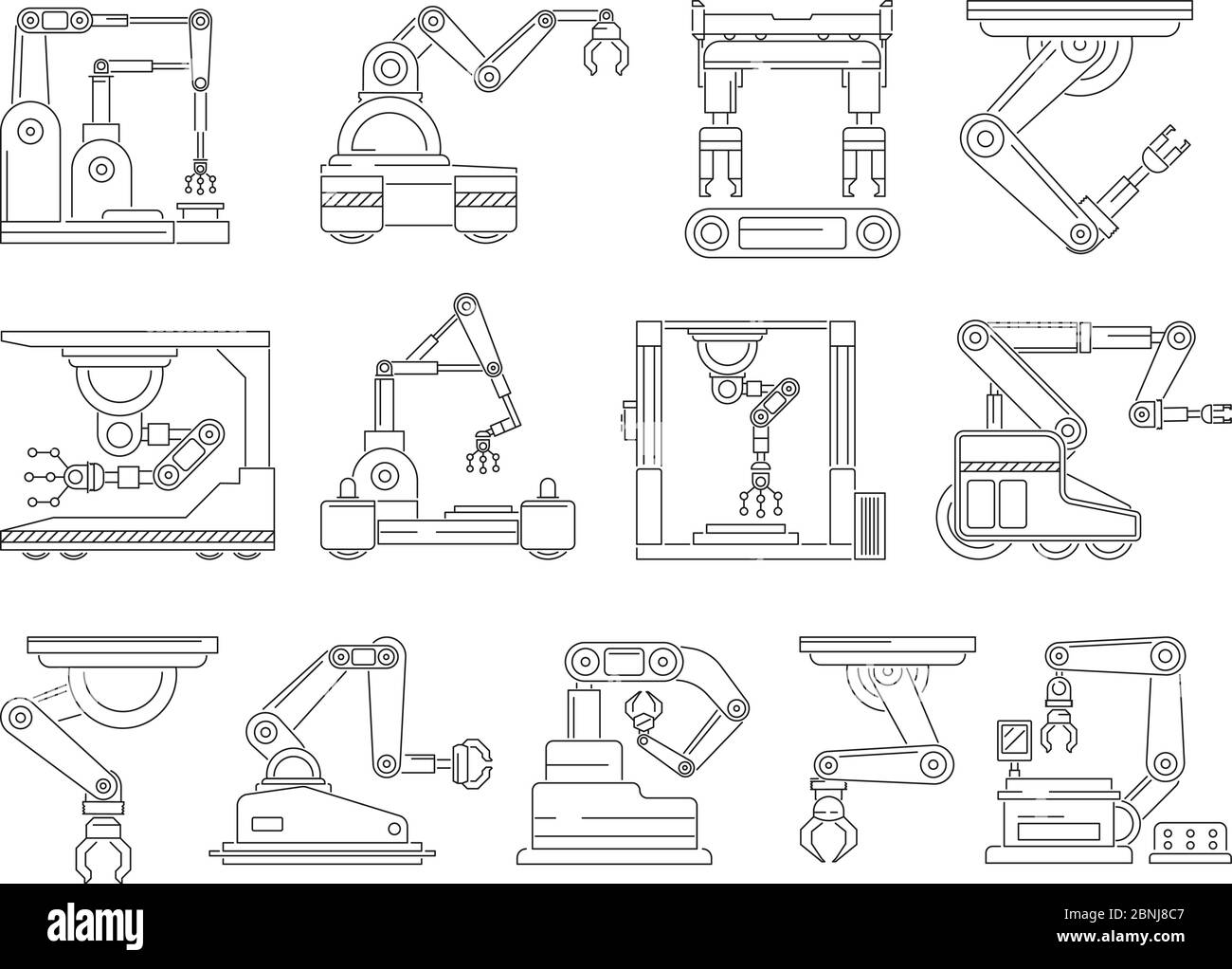 Robotic machines for production. Mono line vector pictures set Stock Vector