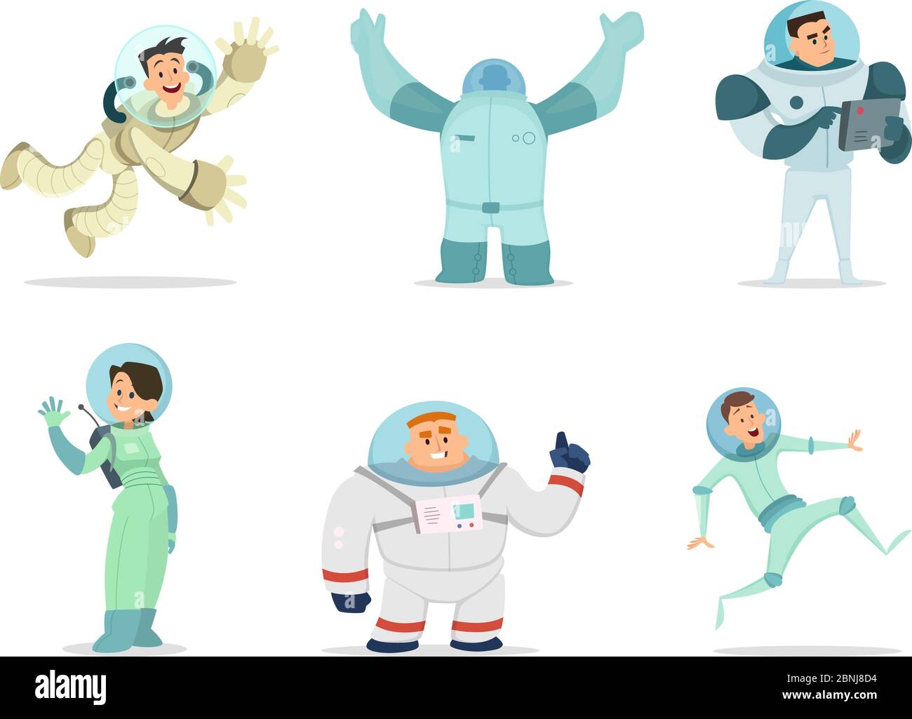 Space characters. Mascots of astronauts in cartoon style Stock Vector