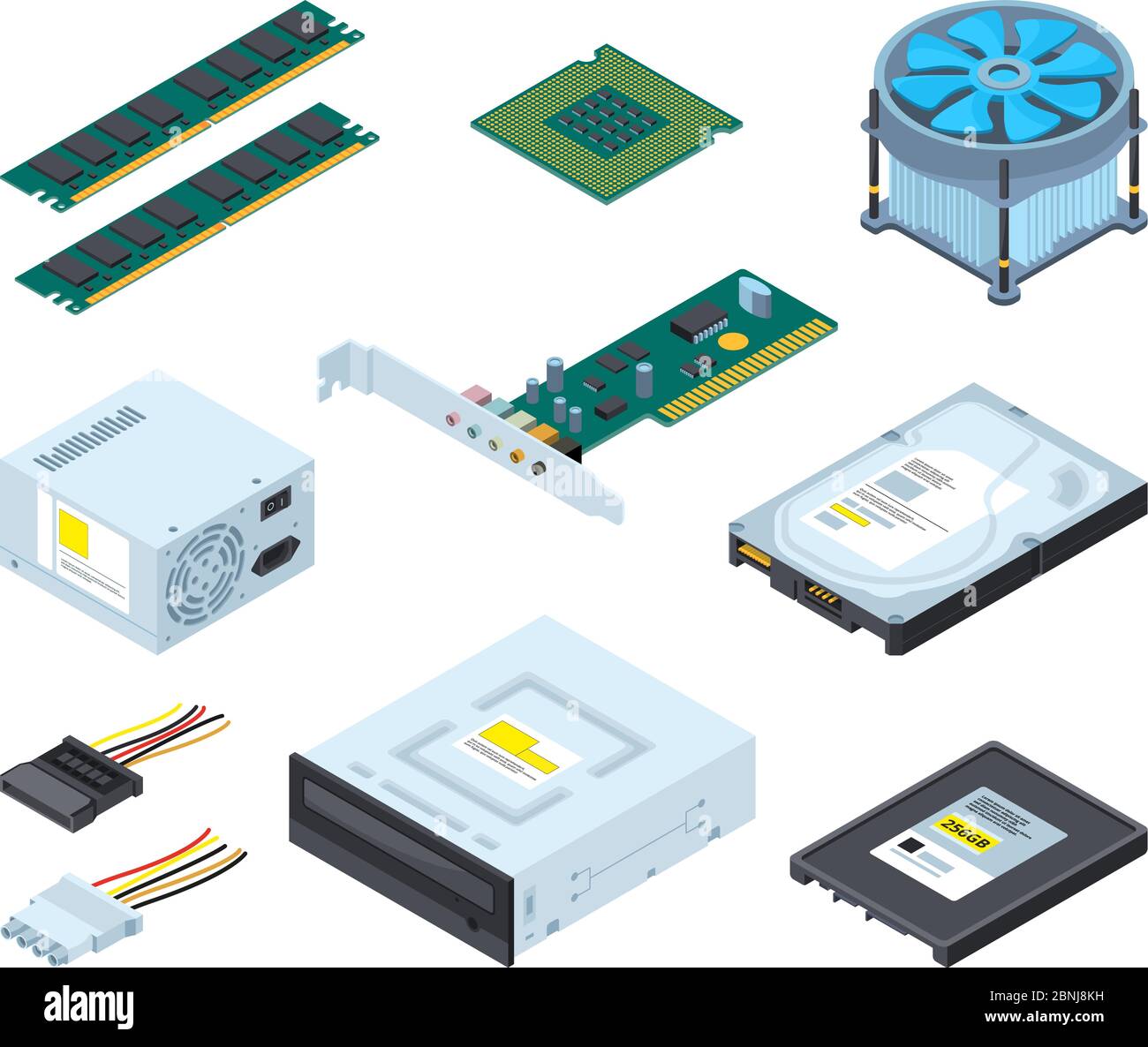 Different hardware parts and components of personal computer. Vector isometric pictures set Stock Vector