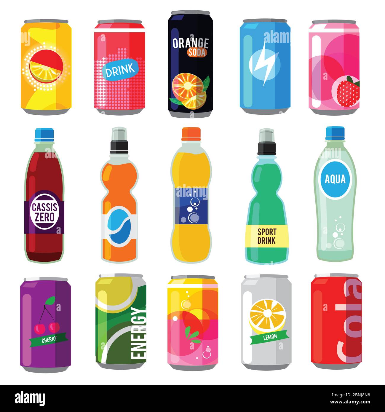 Fizzy drinks in glass bottles. Colored vector pictures Stock Vector