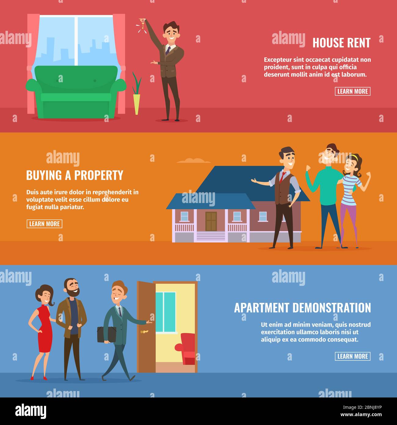 Business concept illustrations set. Real estate agents selling different buildings to happy family couples Stock Vector