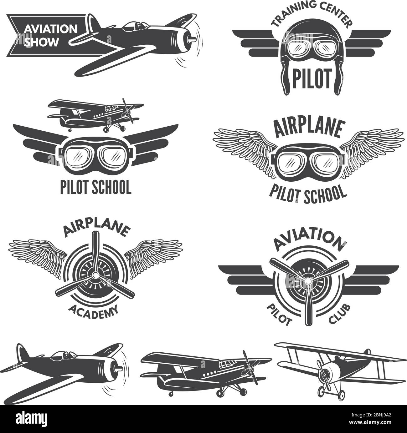 Labels set with illustrations of vintage airplanes. Travel pictures and logo for aviators Stock Vector
