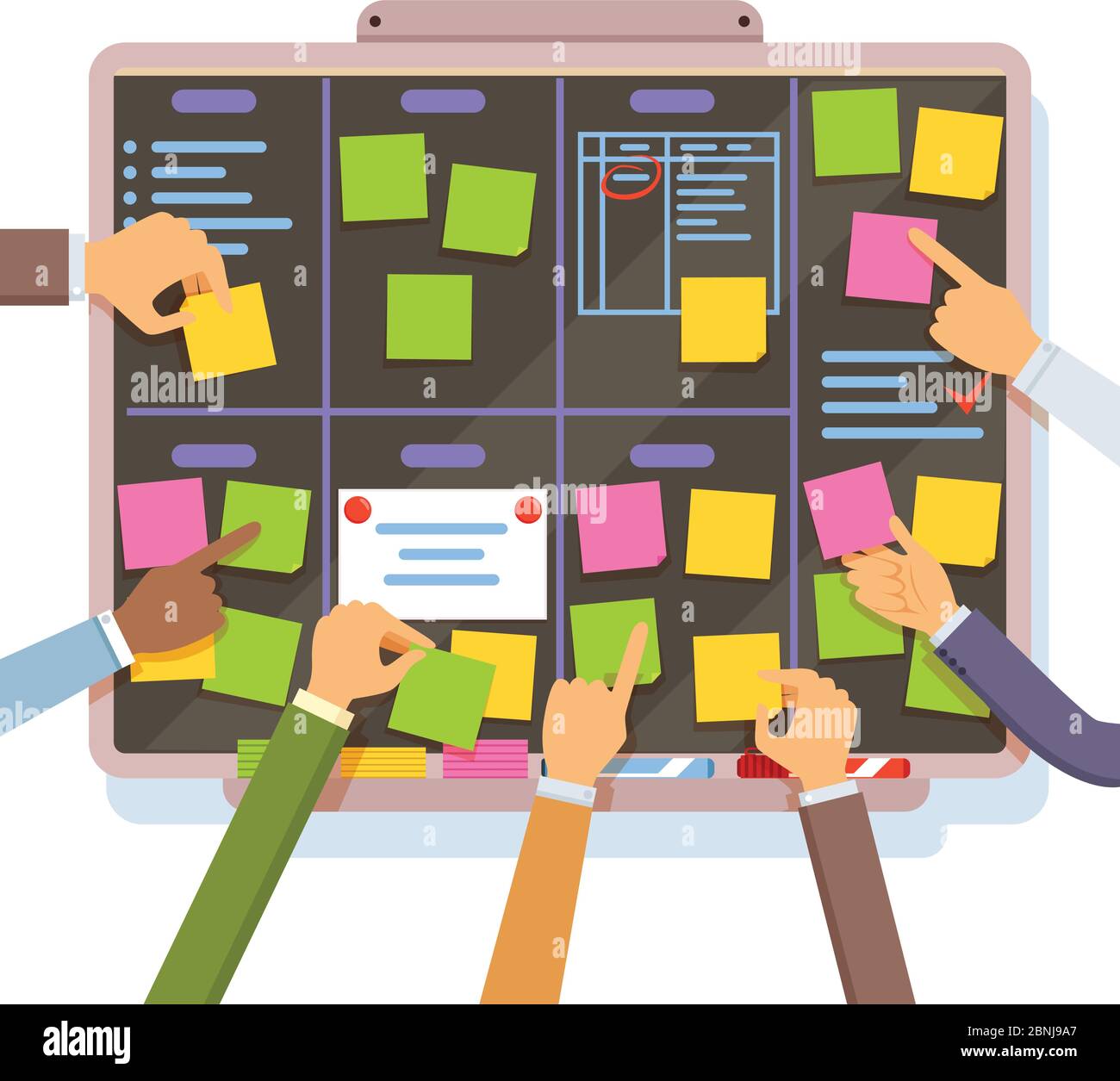 Agile project plan. Hands holding and put notes on the planning board Stock Vector