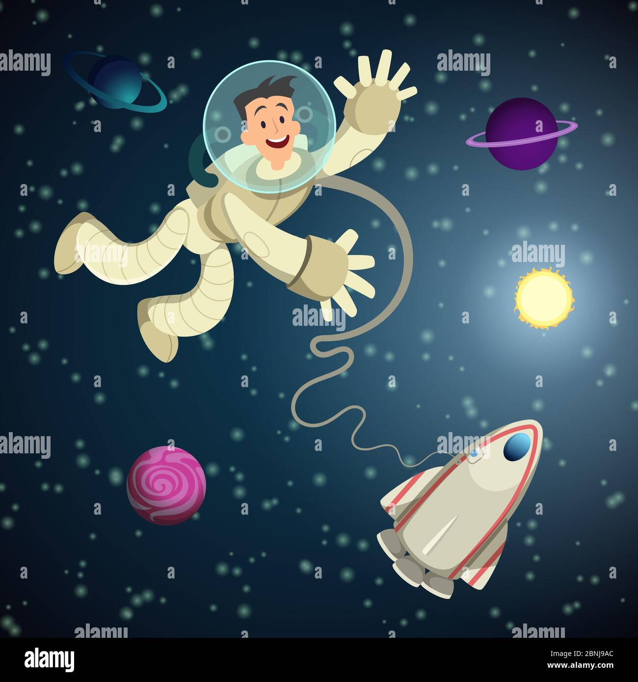 Astronaut in open space with shuttle and some planets. Vector cartoon background Stock Vector