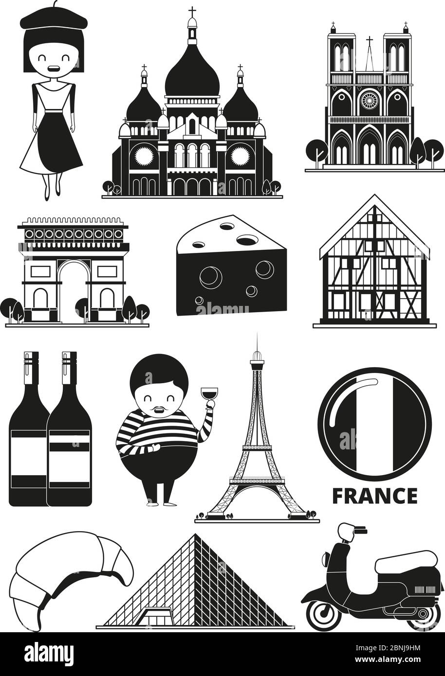 Monochrome illustrations of french landmarks. Vector pictures in cartoon style Stock Vector