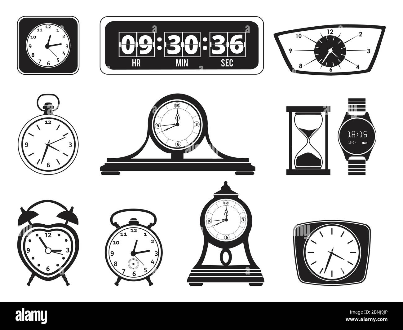 Monochrome illustrations of different clocks. Alarm and bells Stock Vector