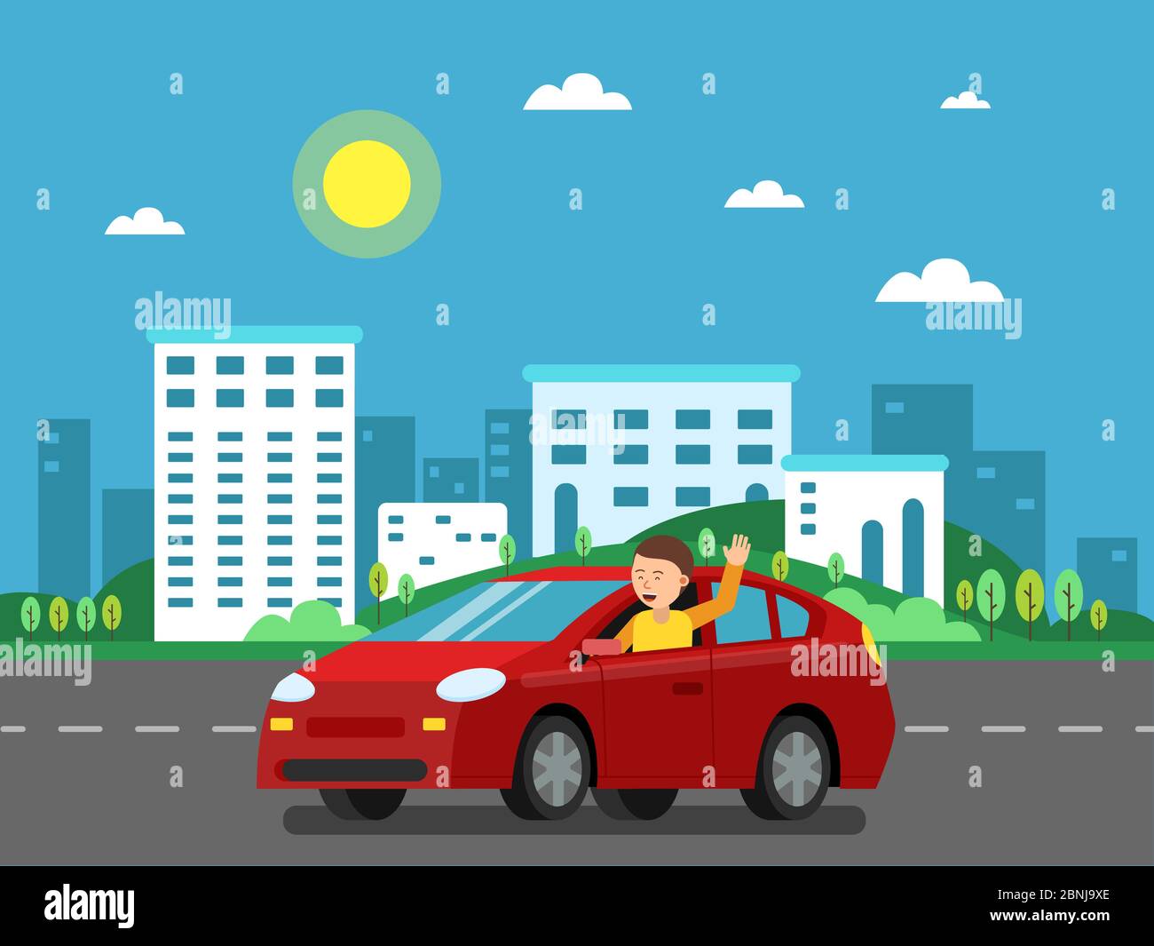 Red car on the road in urban landscape. Vector illustration in flat style Stock Vector