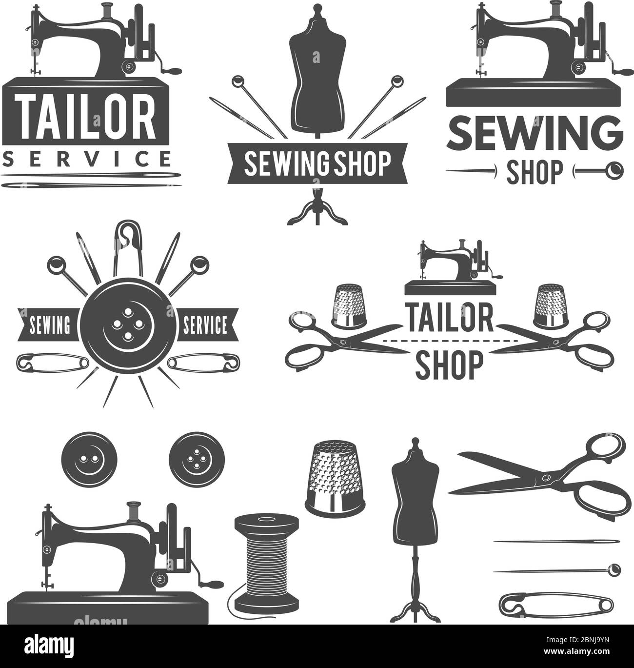 Vintage monochrome pictures and labels for tailor shop. Logos for textile production Stock Vector