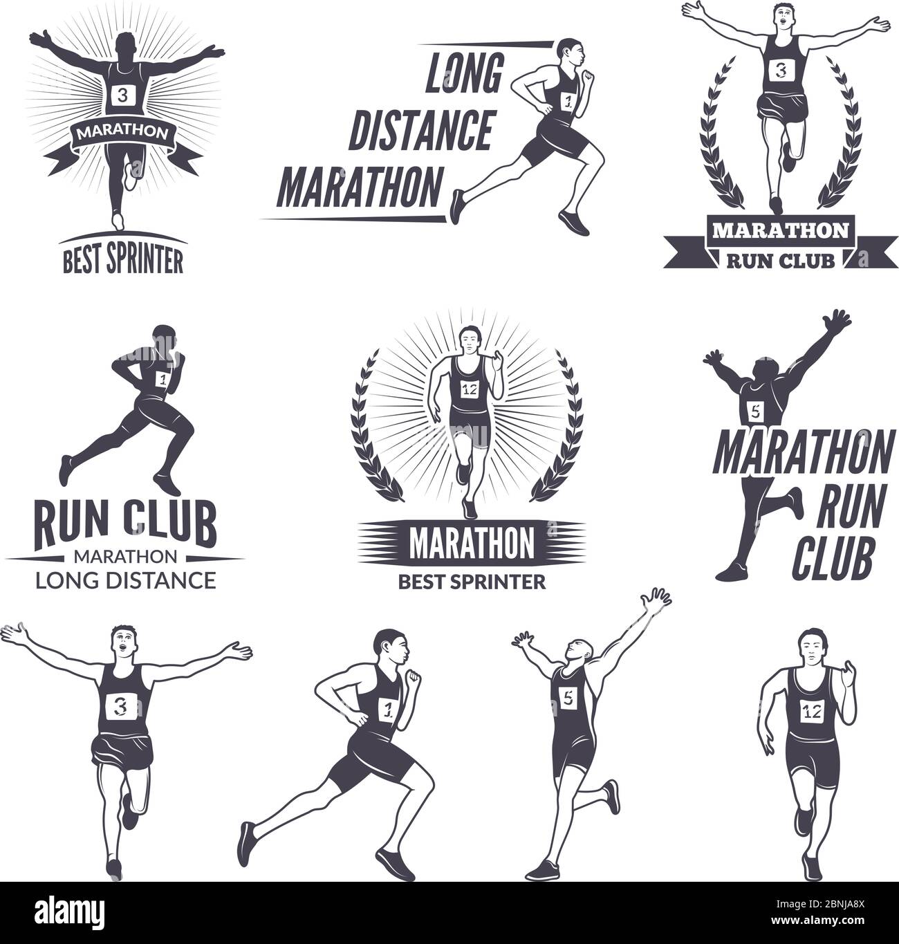 Sport labels at marathon theme for sport teams. Illustrations of athlete isolated Stock Vector