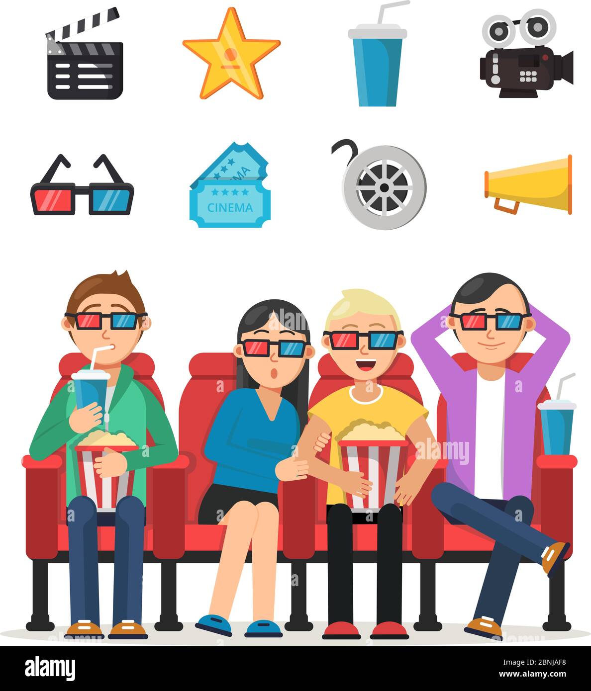 Characters set of funny peoples watching film in cinema Stock Vector