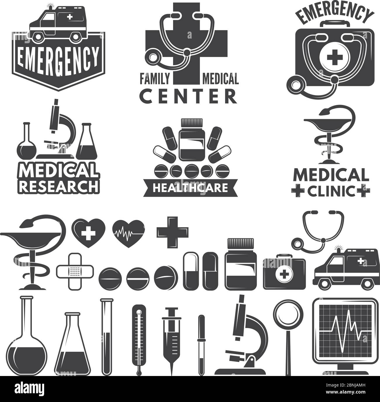 Symbols of medicine. Medical logos and badges Stock Vector