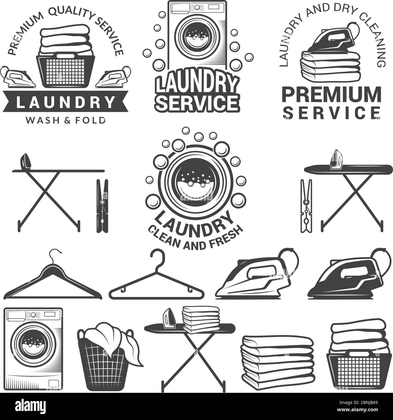 Monochrome labels of laundry service. Illustrations of washing machines Stock Vector