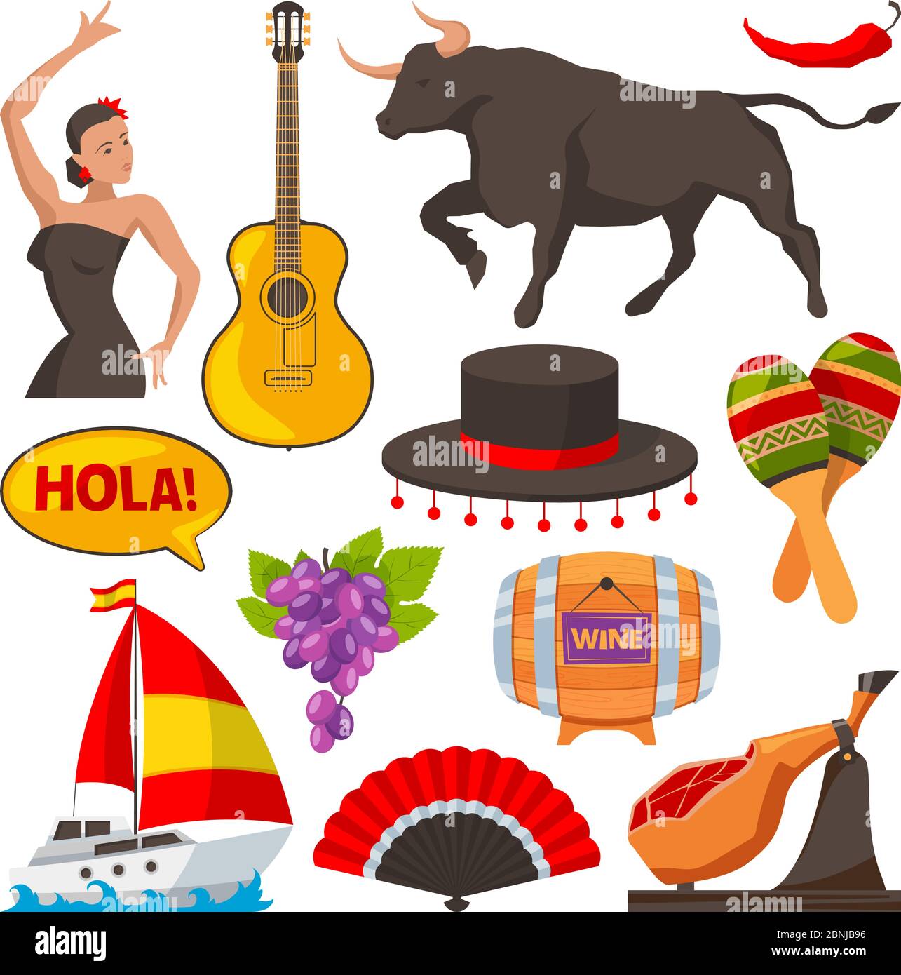 Travel pictures of spain cultural objects. Cartoon style illustrations isolate Stock Vector
