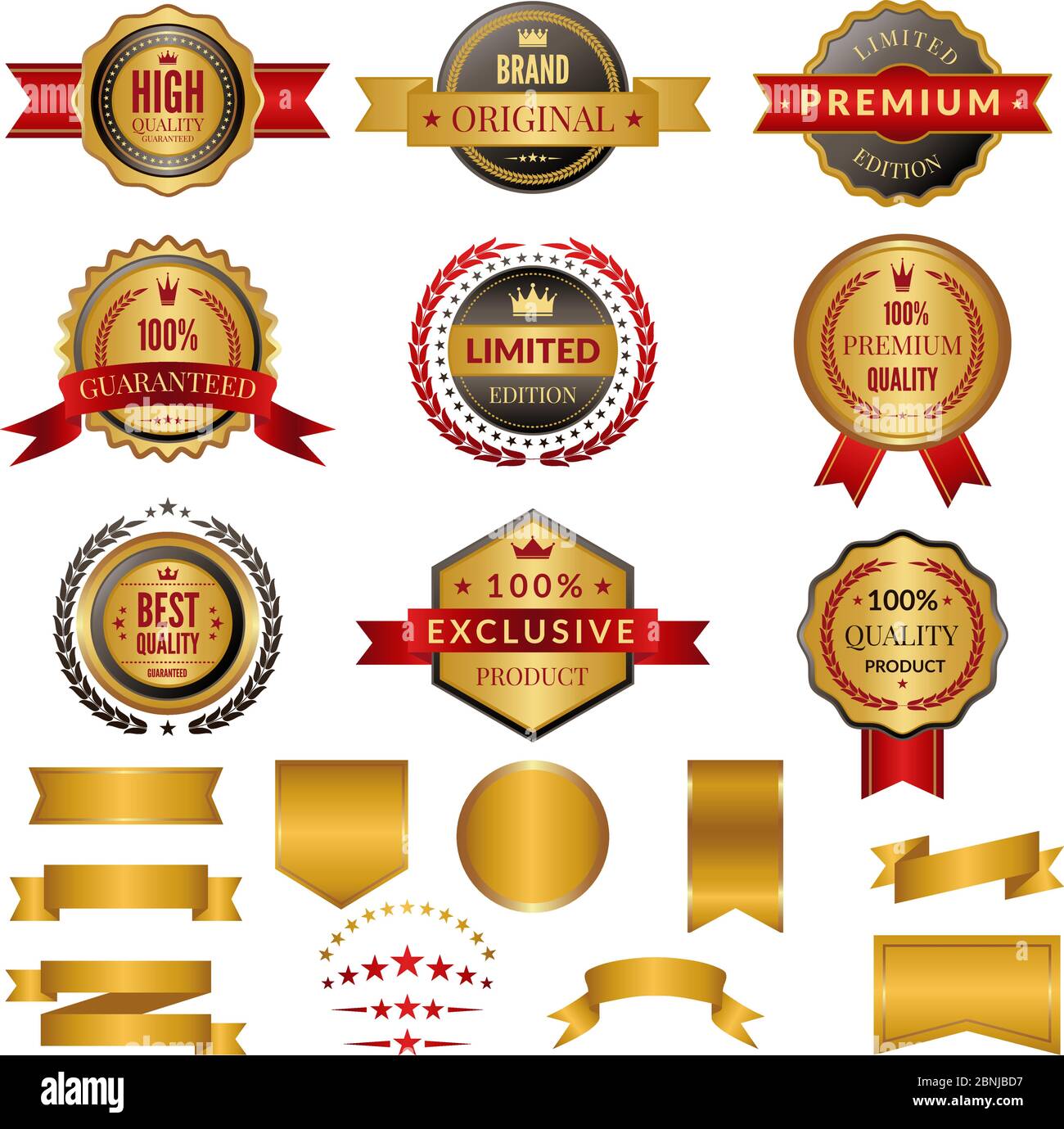 Gold badges seal quality labels. Sale medal badge premium stamp golden  genuine emblem guarantee round vector set Stock Vector