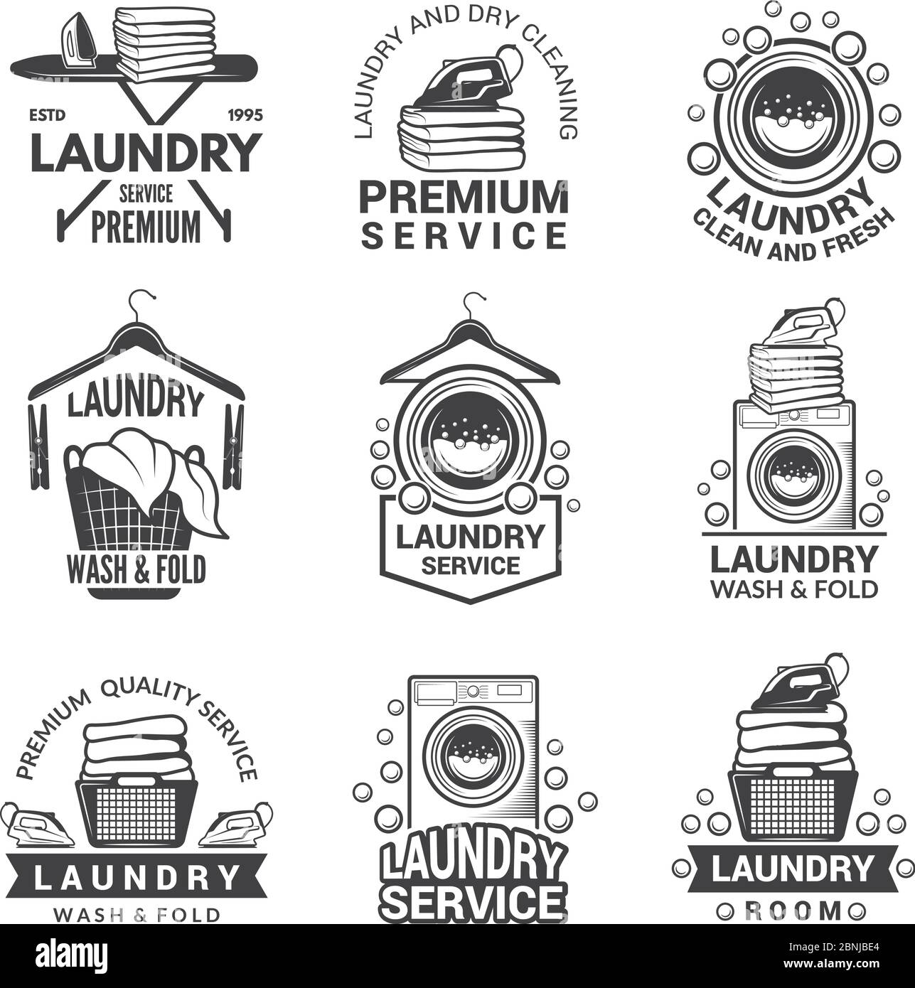 Labels or logos for laundry service. Vector monochrome pictures Stock