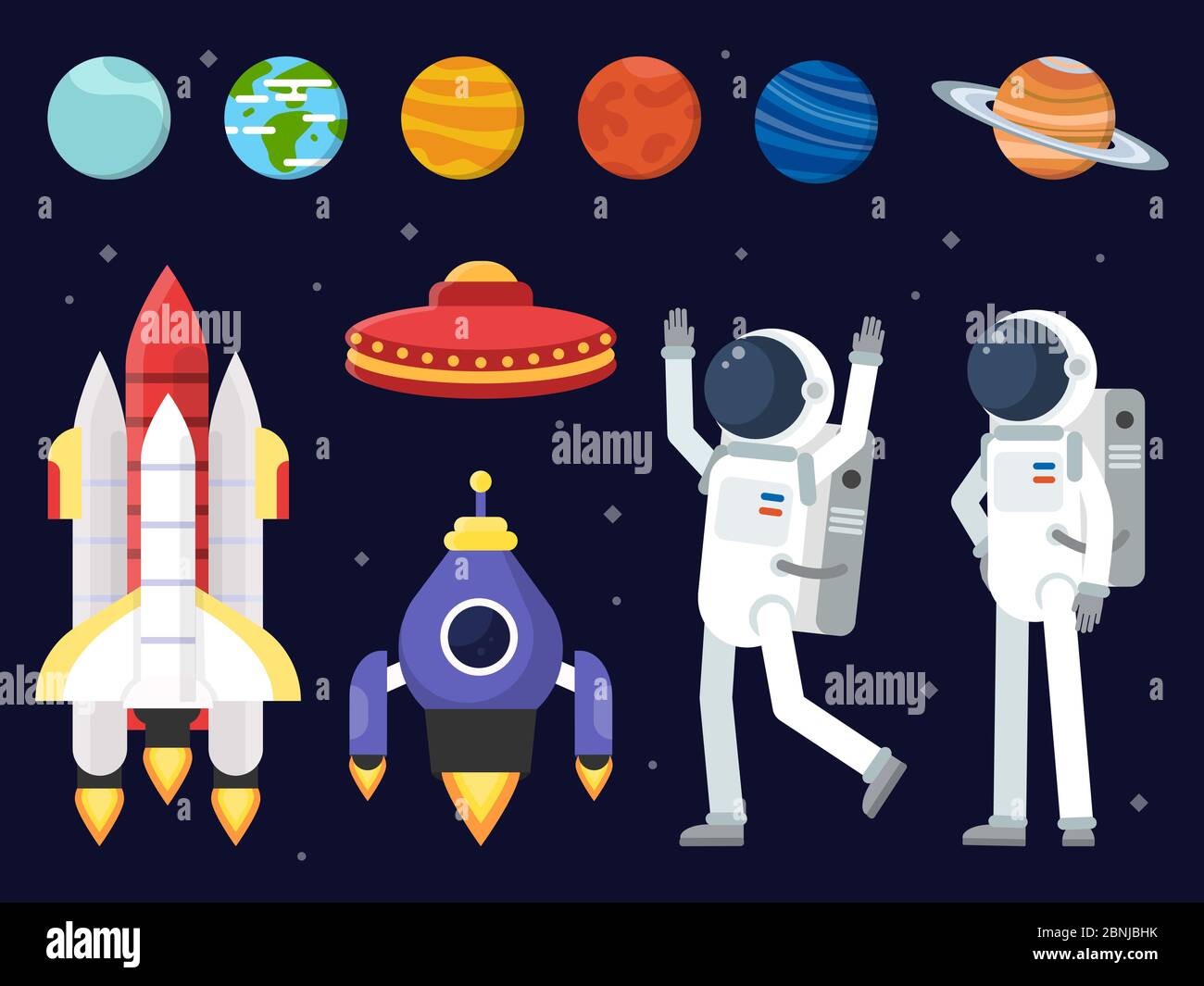 Set of planets, space shuttles and astronauts in flat style Stock Vector