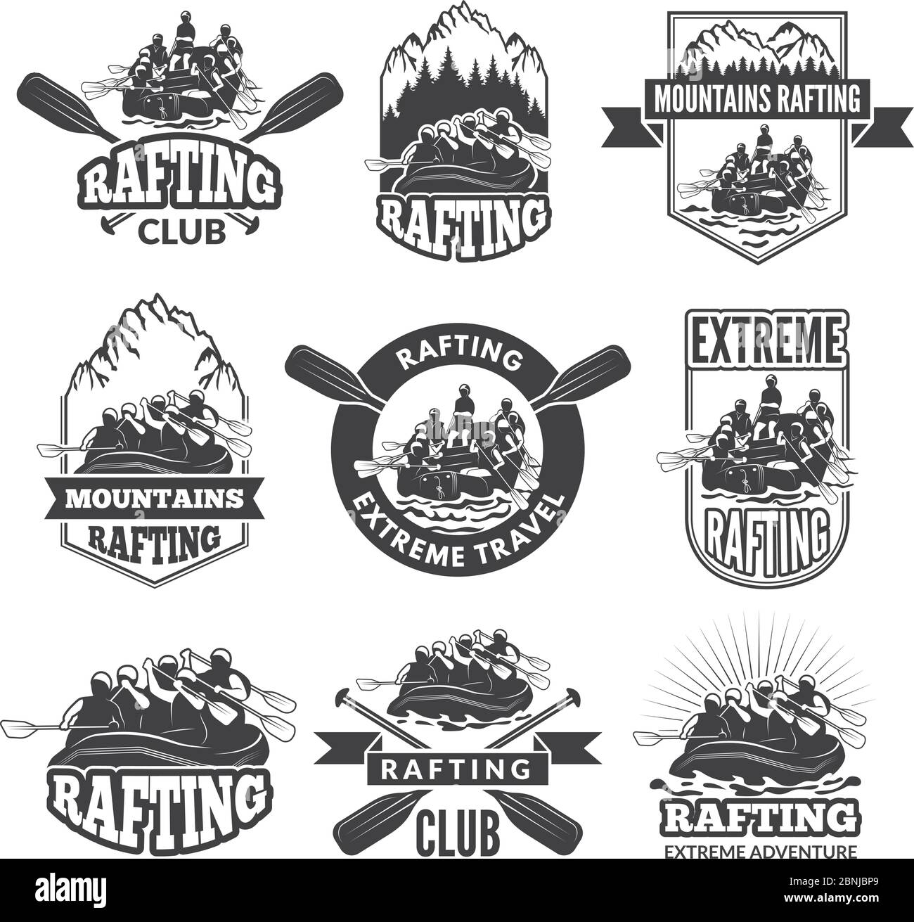 Vintage monochrome labels for dangerous water sports. Symbols of rafting. Pictures of kayak Stock Vector