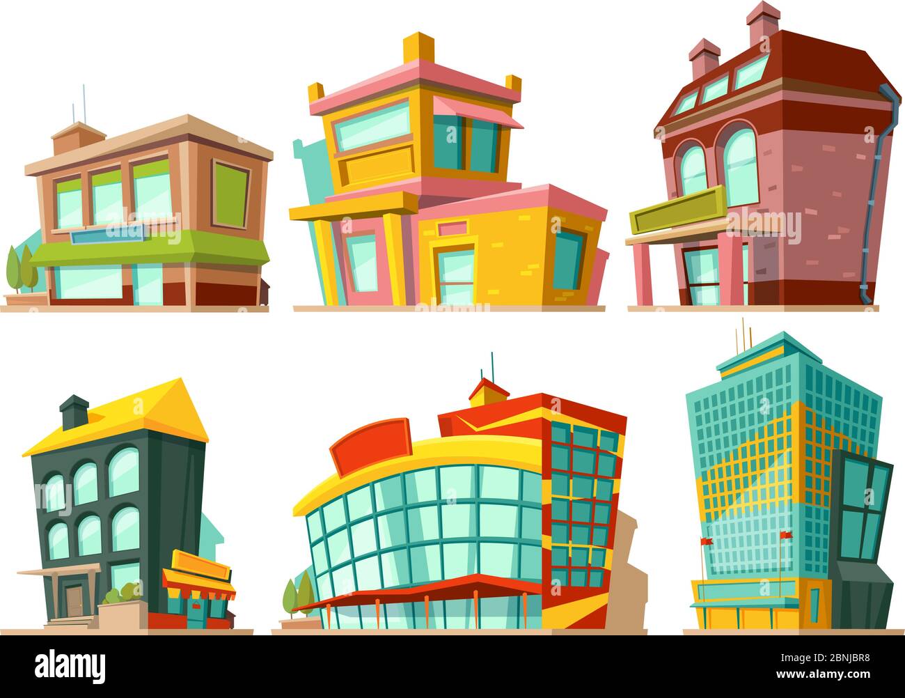 Cartoon buildings. Vector illustrations set isolate on white Stock Vector