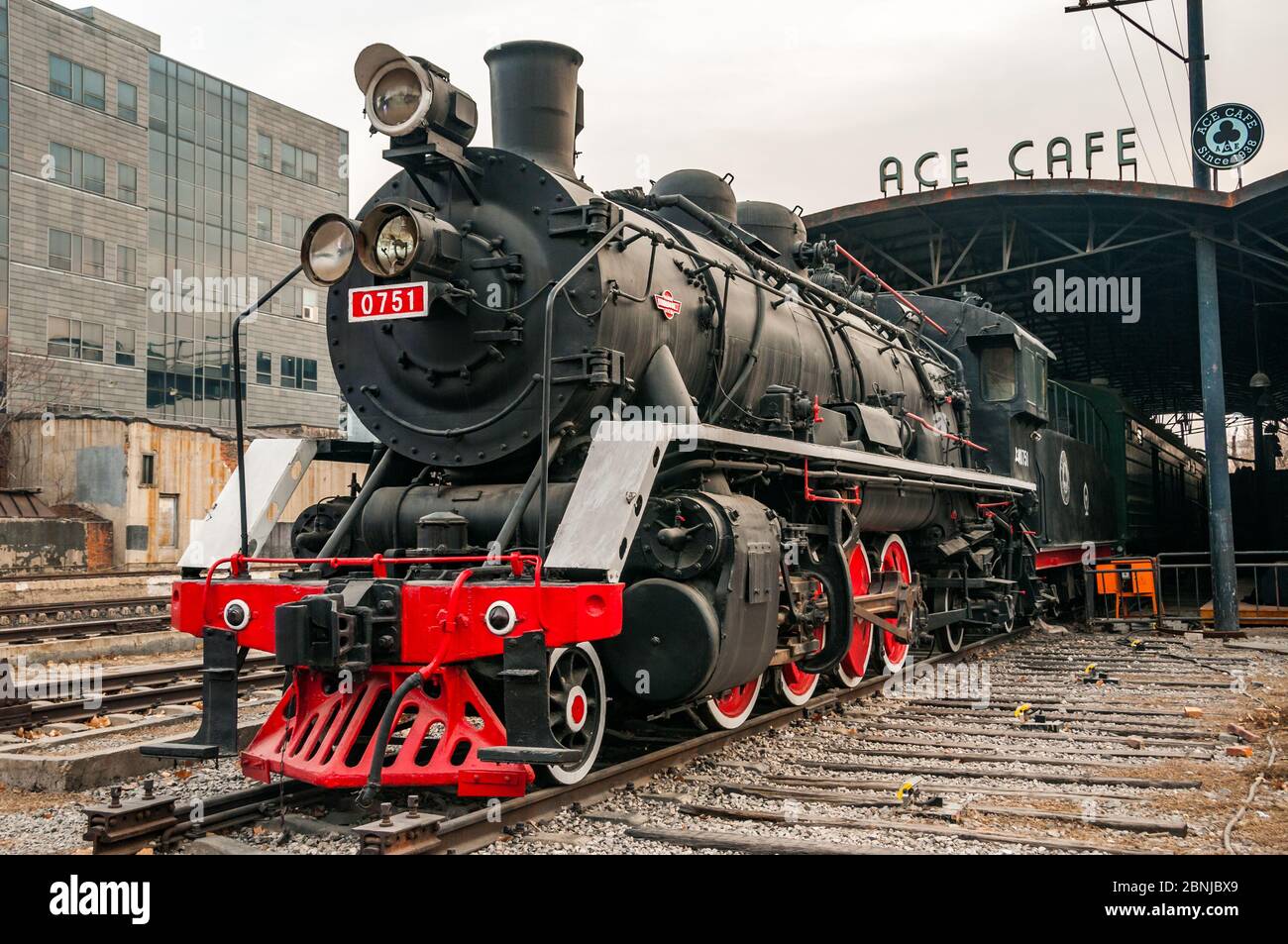 0751 steam locomotive outside ACE Cafe, Beijing China seen in winter Stock Photo