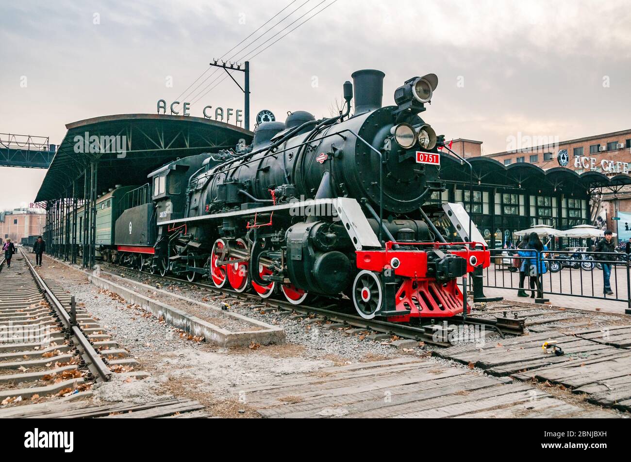 0751 steam locomotive outside ACE Cafe, Beijing China seen in winter Stock Photo