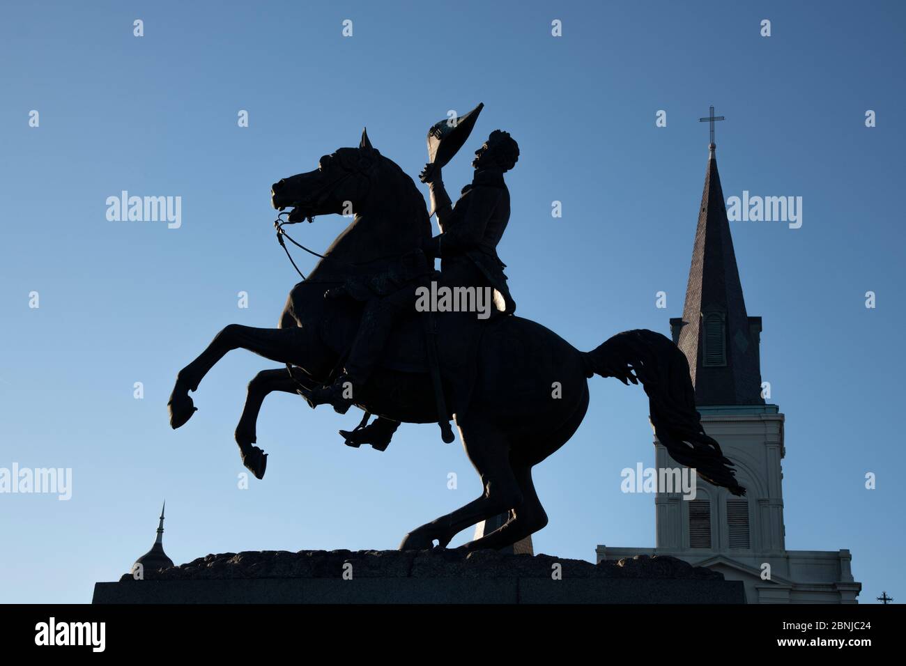 Horse and rider statue of Andrew Jackson in silhouette at New Orleans's