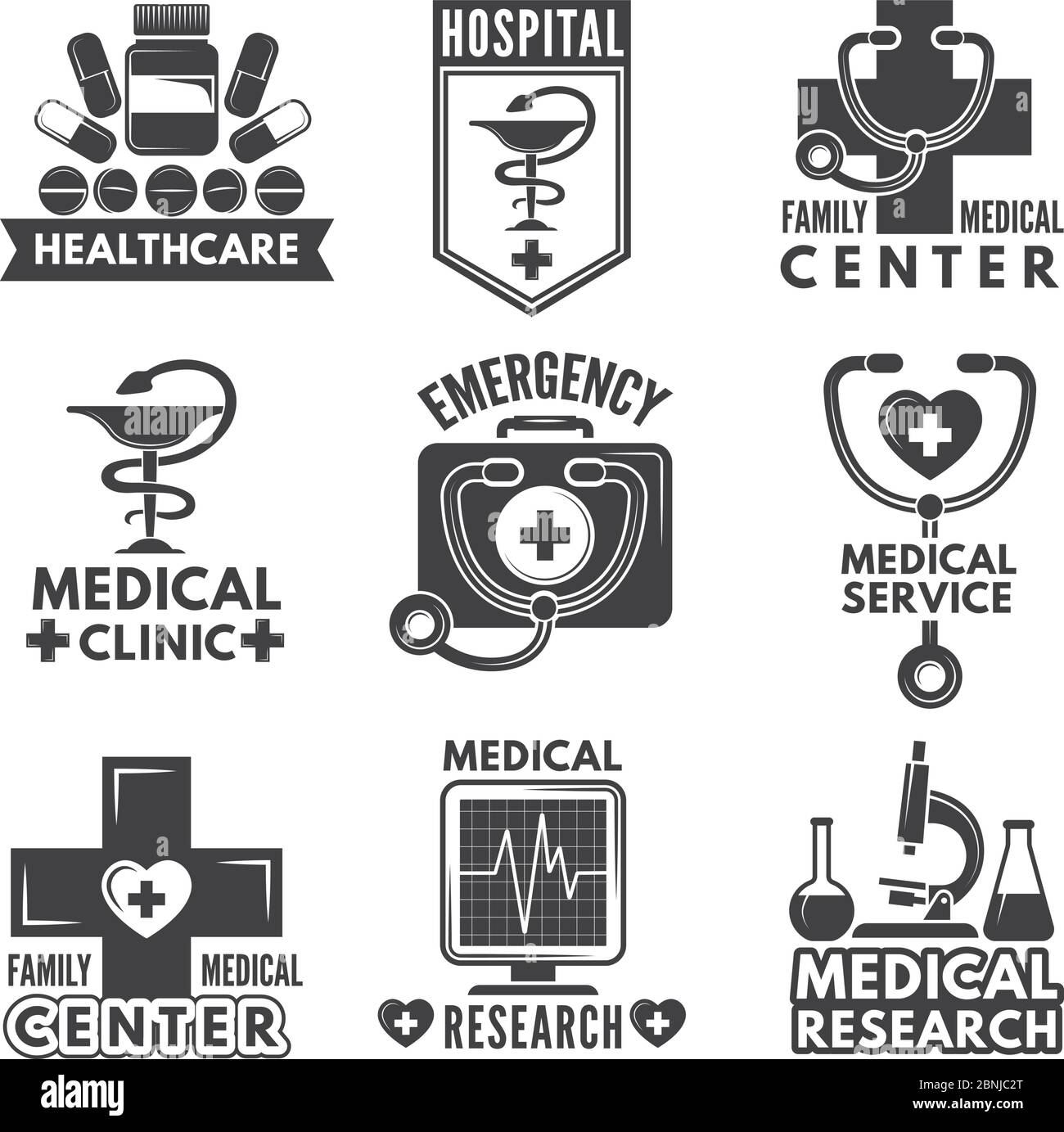 Pharmacy, chemistry or medicine labels set. Vector monochrome logos template Stock Vector