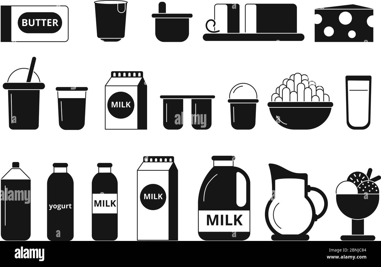 Silhouette and monochrome pictures of dairy milk products Stock Vector
