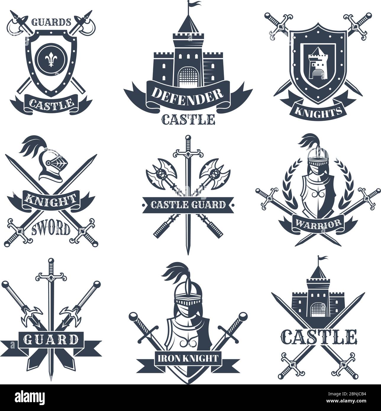 Labels or badges set with pictures of medieval knights, helmets and swords Stock Vector