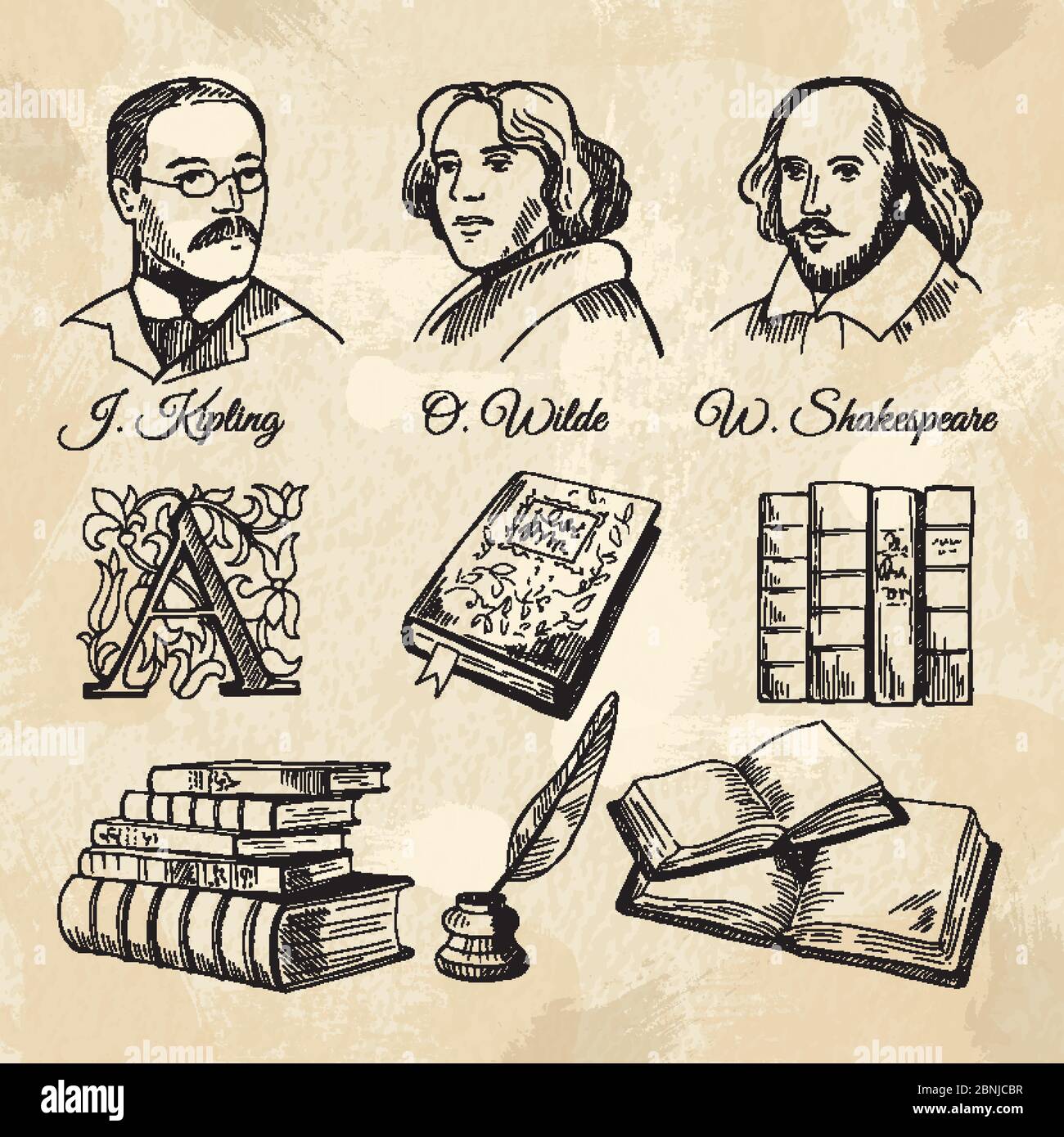 English famous writers and different books Stock Vector