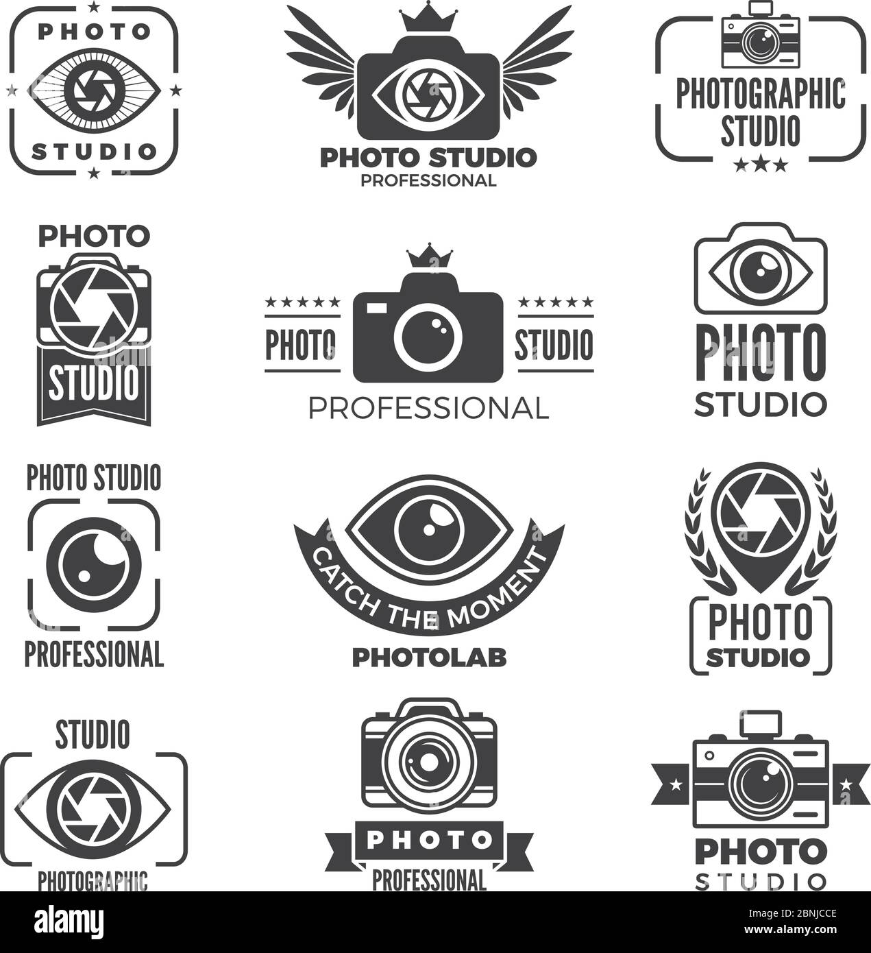 Retro pictures and logos for photo studios. Monochrome vector logotypes Stock Vector
