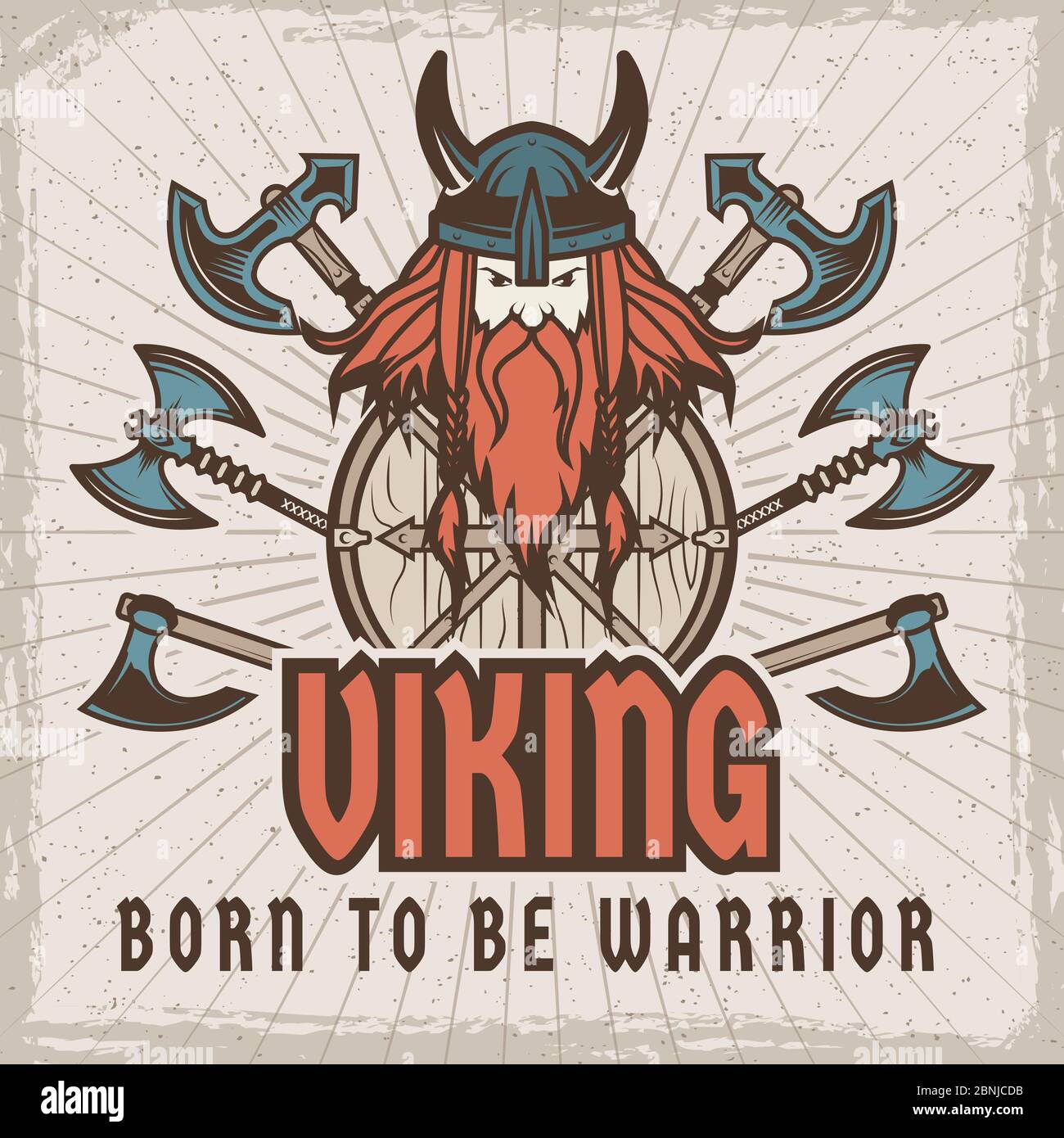 Poster with barbarian warrior with weapons. Template with place for your text Stock Vector
