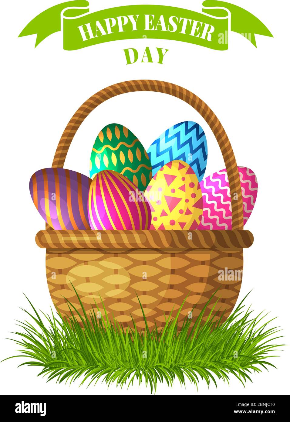 Easter concept illustration. Basket with colored eggs Stock Vector