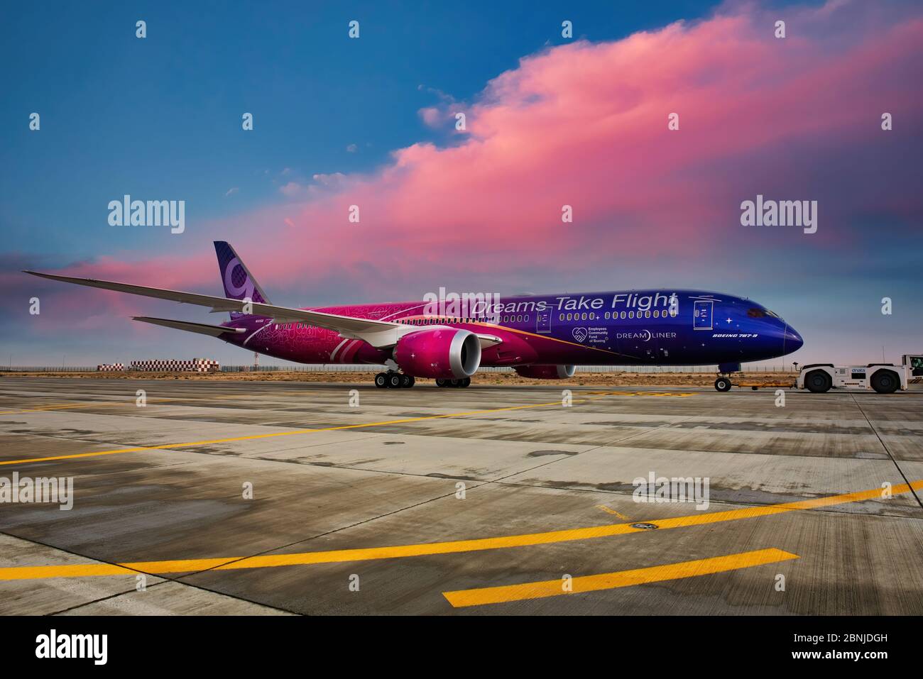 Boeing 787 Dreamliner in special livery Dreams Take Flight, Dubai, United Arab Emirates, Middle East Stock Photo