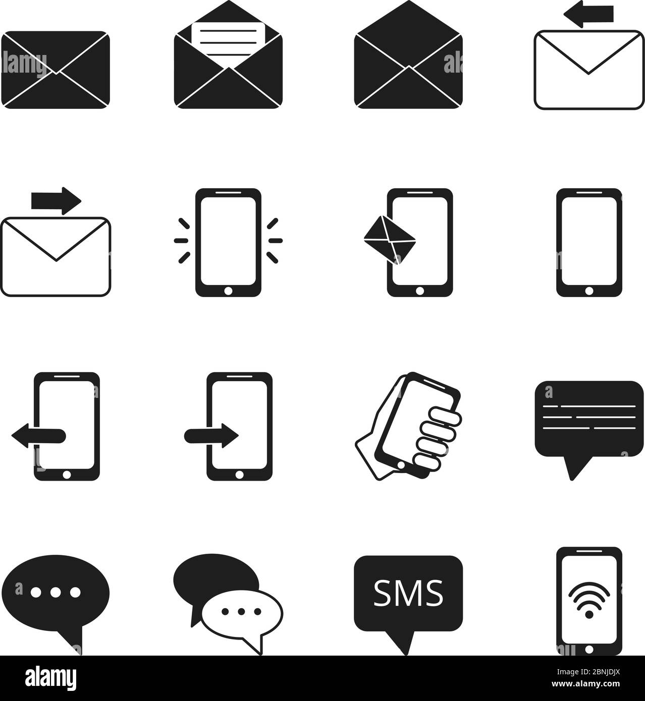 Business icon set of communication symbols. Phone, message bubbles, email signs Stock Vector