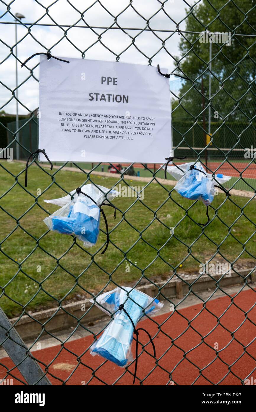 Knutsford, UK, 15th May 2020 - PPE station with safety items at Knutsford tennis club after re-ipening from lockdown for COVID-19 Credit: Lee Avison/Alamy Live News. Stock Photo