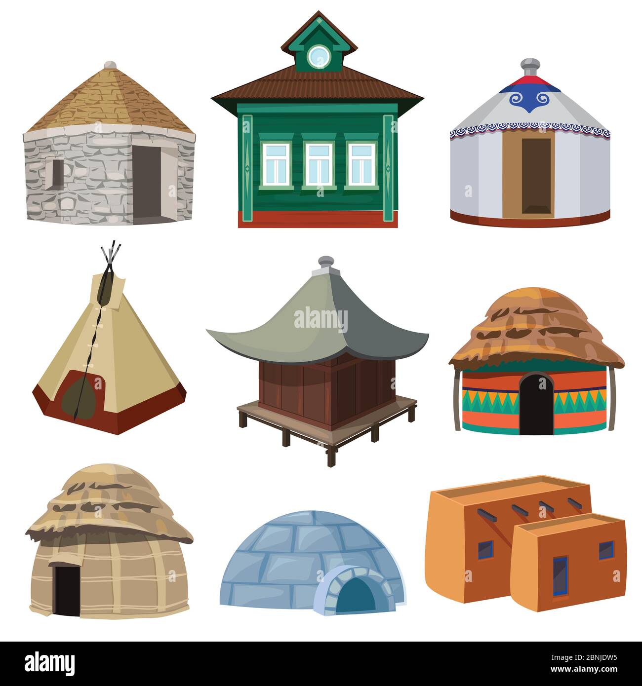 Traditional buildings and small houses of world different nations Stock Vector