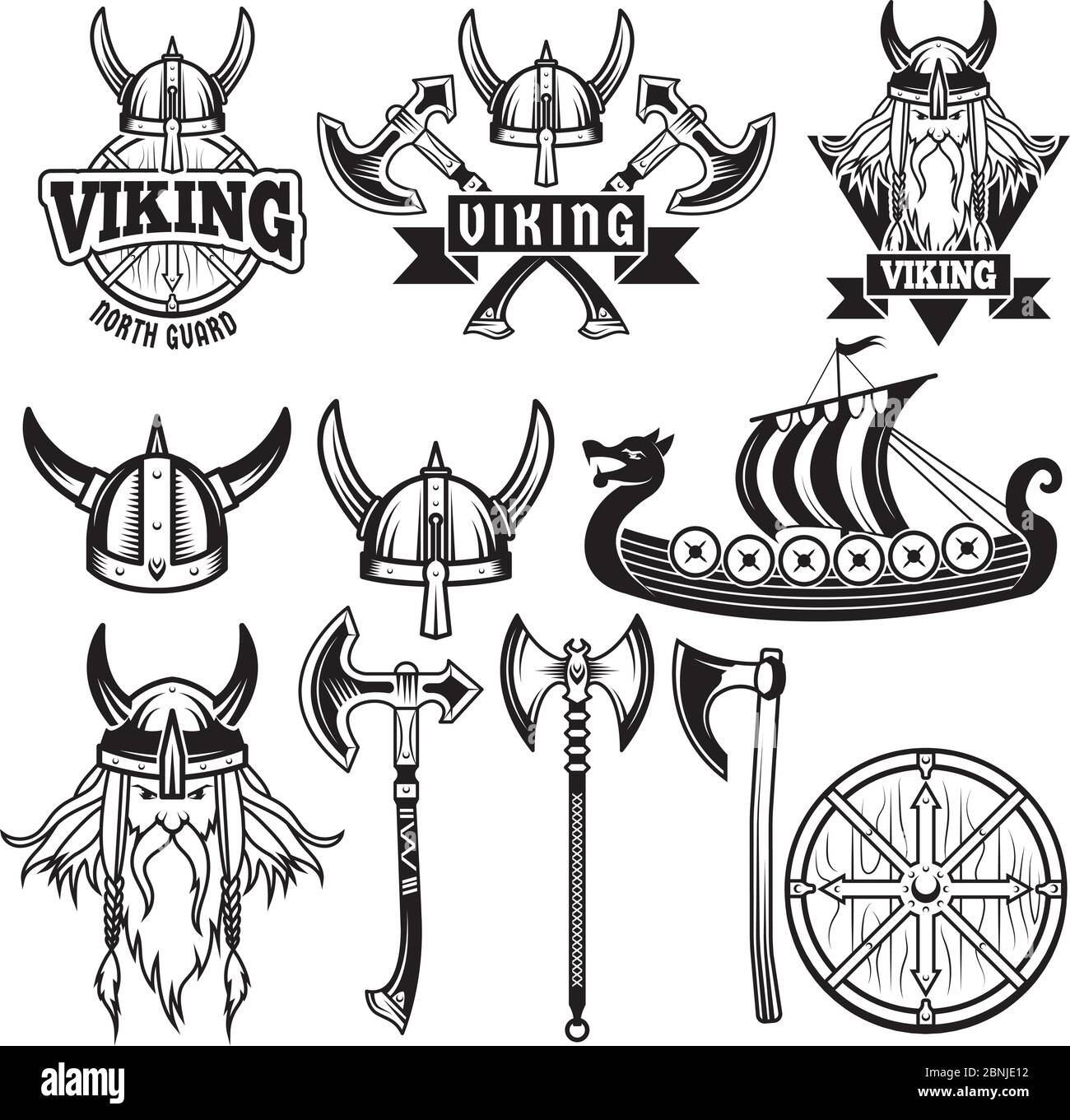 Medieval warriors and his weapons. Labels with vikings. Set isolate on white Stock Vector