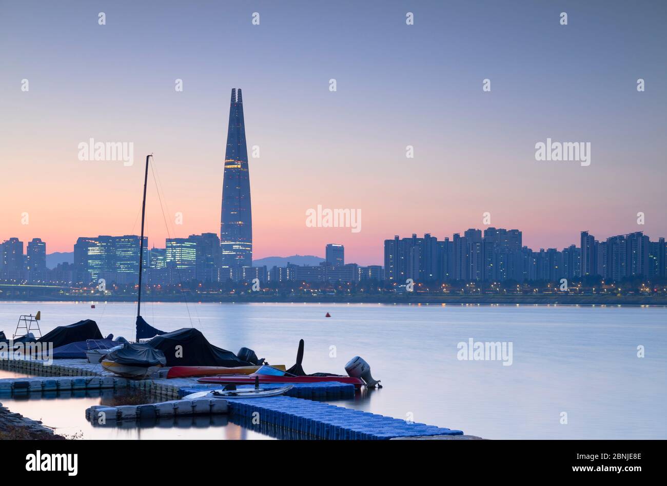 Lotte World Tower and Nam River at dawn, Seoul, South Korea, Asia Stock Photo