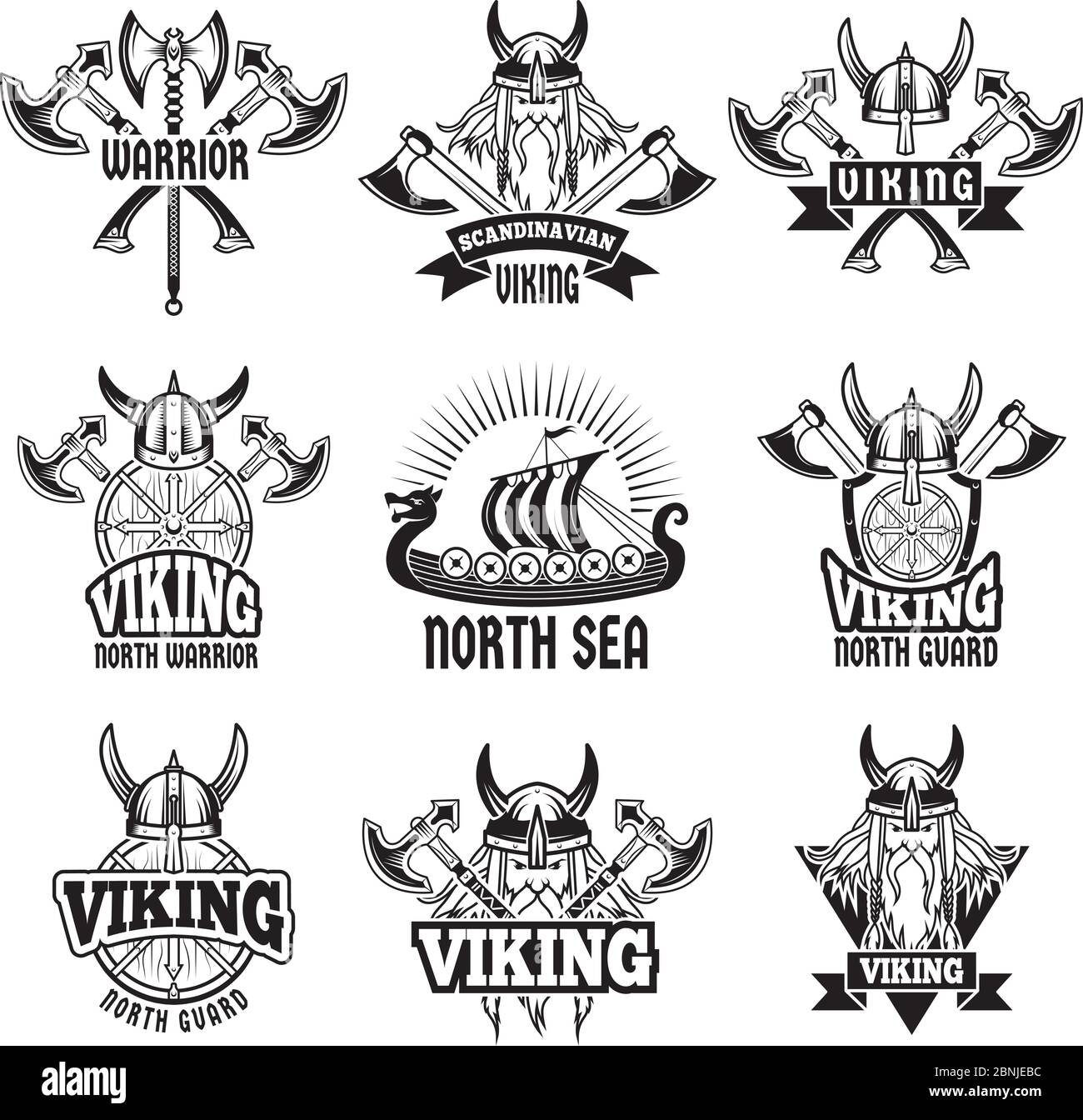 Sports and battle badges and labels with vikings and barbarian warriors. Monochrome pictures Stock Vector