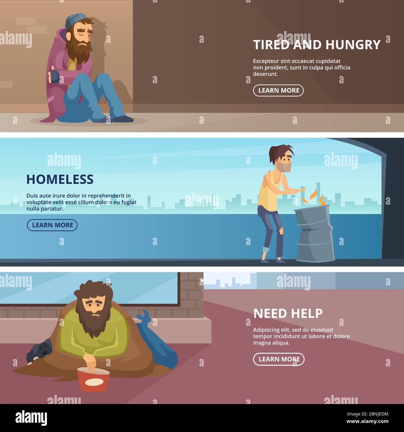 Vector horizontal banners with illustrations of poor and homeless peoples Stock Vector