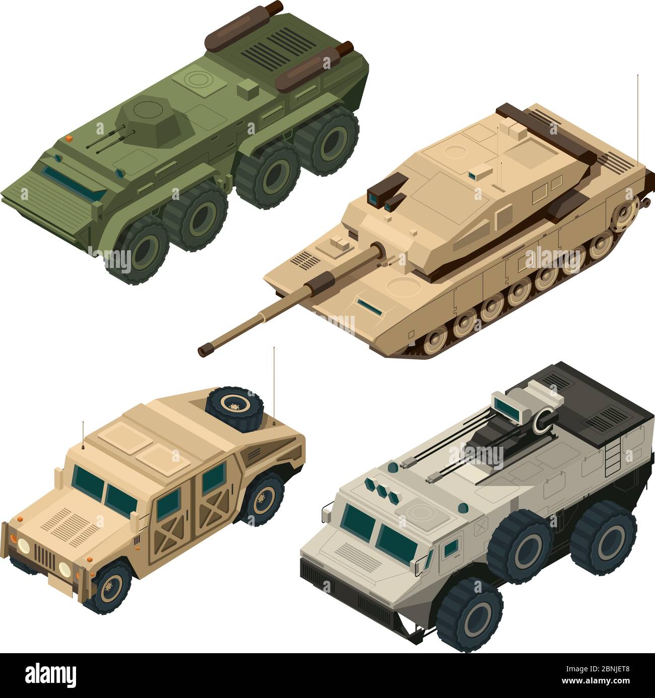 Vector isometric pictures set of different military vehicles isolate on white Stock Vector