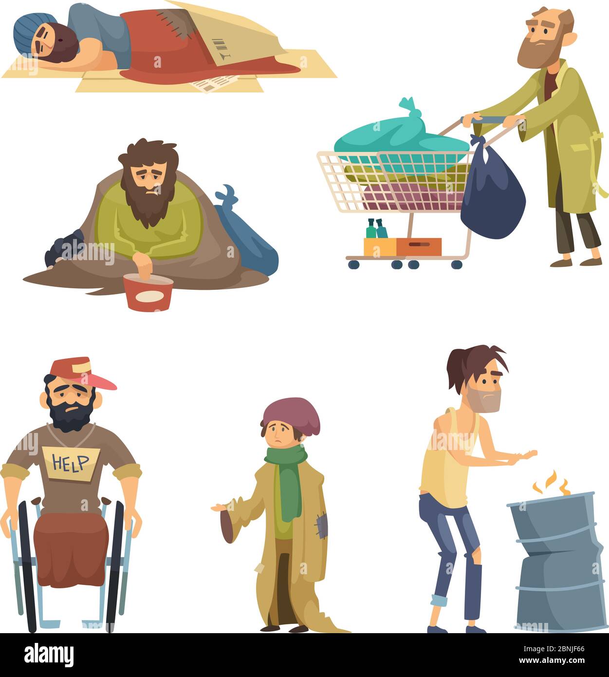 Unhappy dirty poor and desperate peoples. Vector characters set Stock Vector