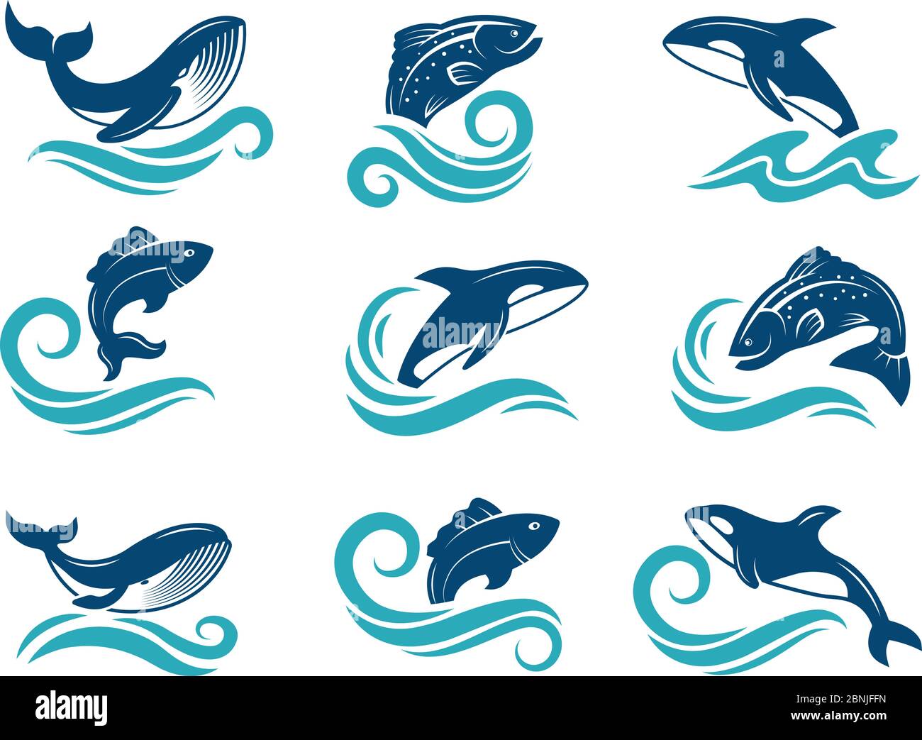 Stylized pictures of marine animals. Sharks, fishes and others. Symbols for logo design Stock Vector