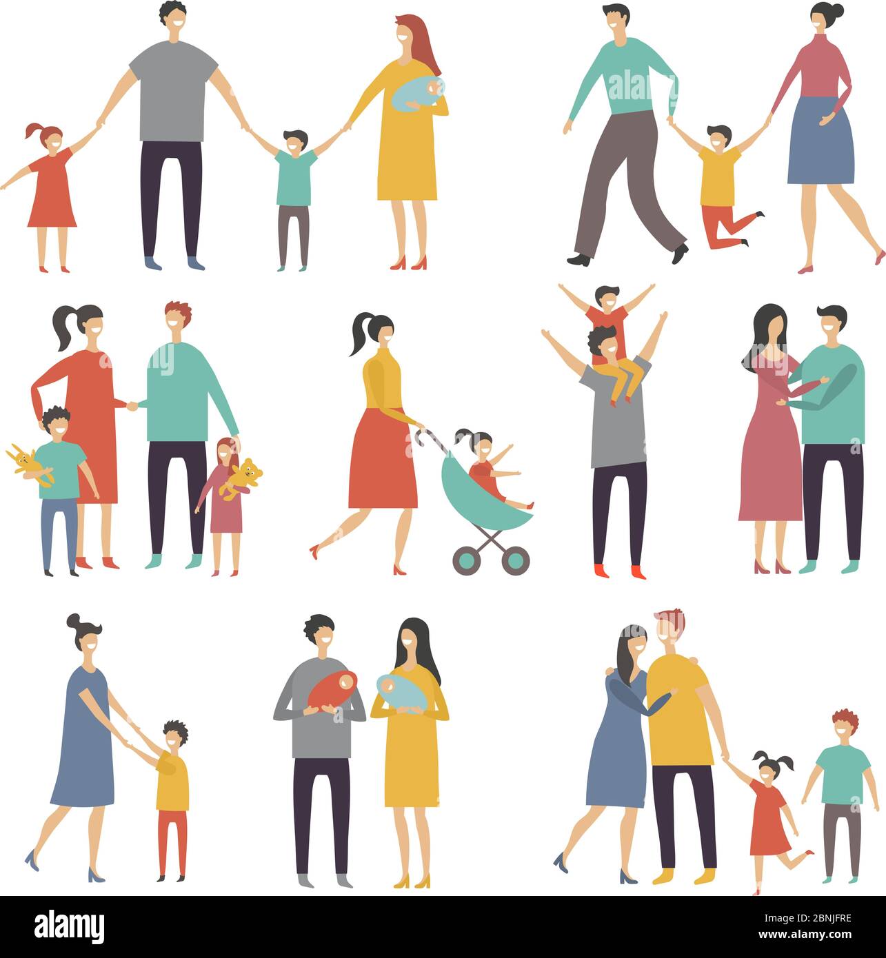 Mother father and childrens. Illustrations of happy family. Pictures of lifestyle Stock Vector