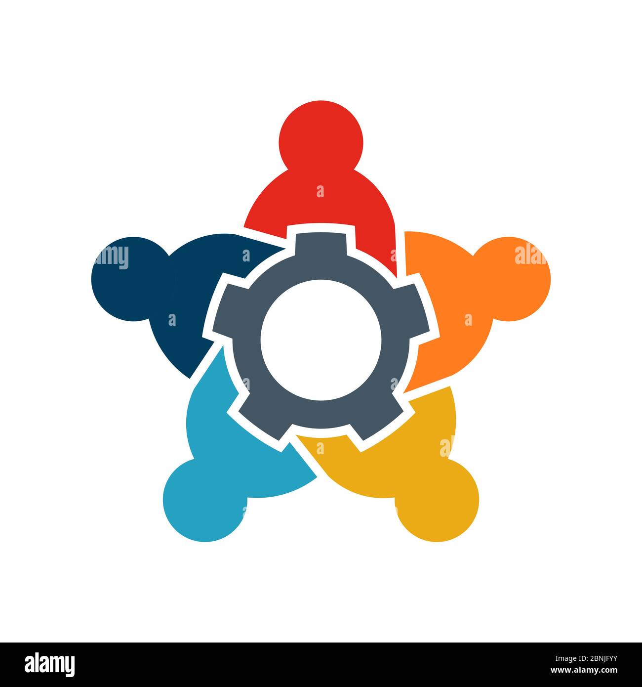 Teamwork of Five people logo. People group spinning gear concept
