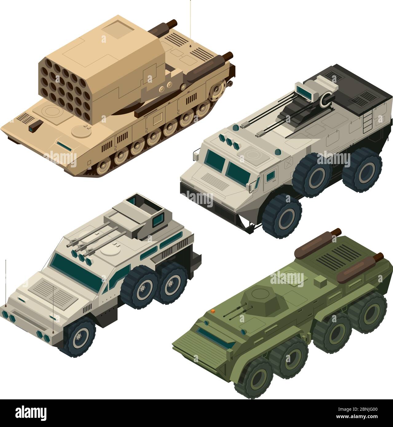 Isometric pictures of army heavy vehicles. Vector pictures set Stock Vector