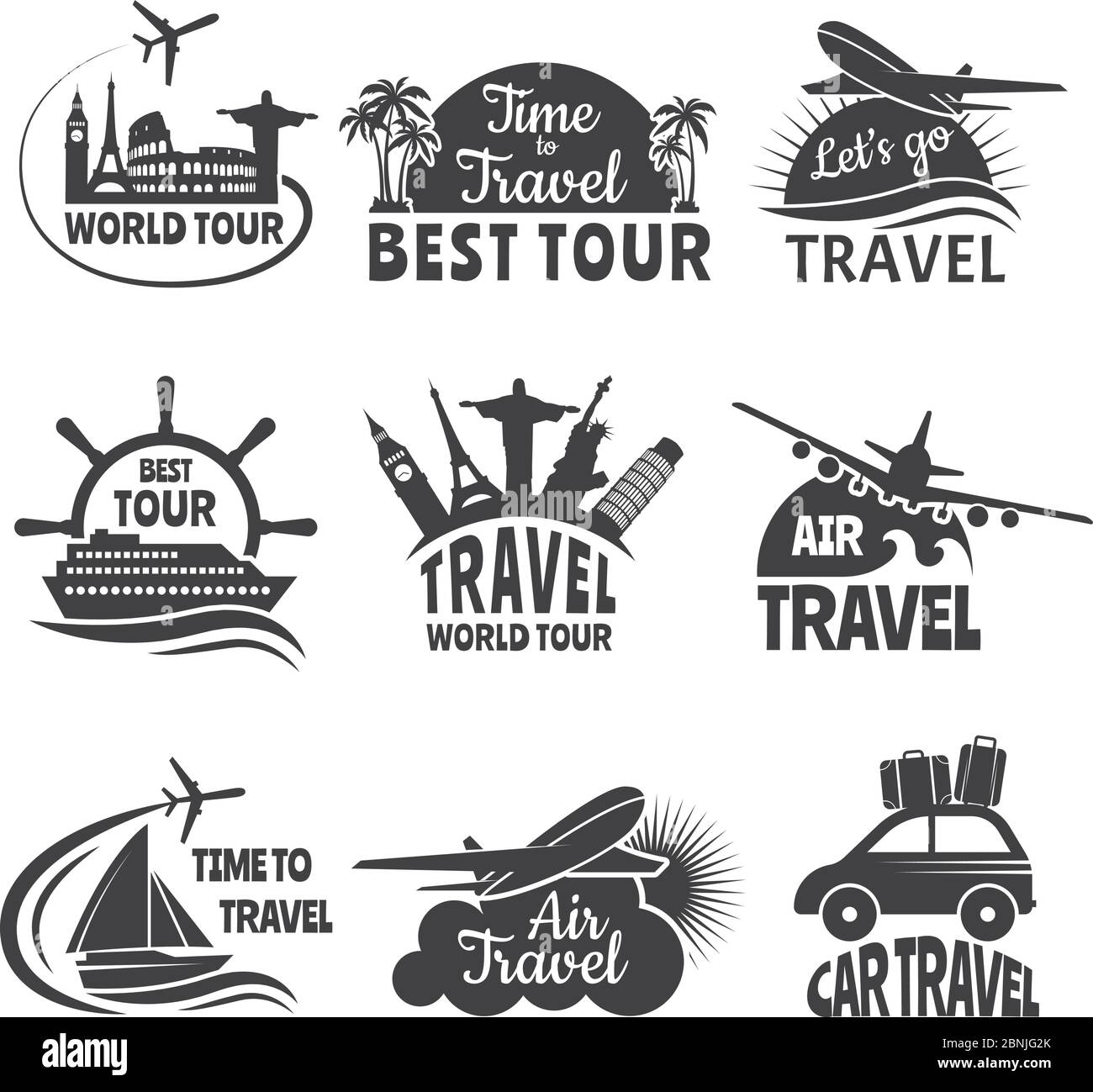 Travel labels set with illustrations of airplane Stock Vector