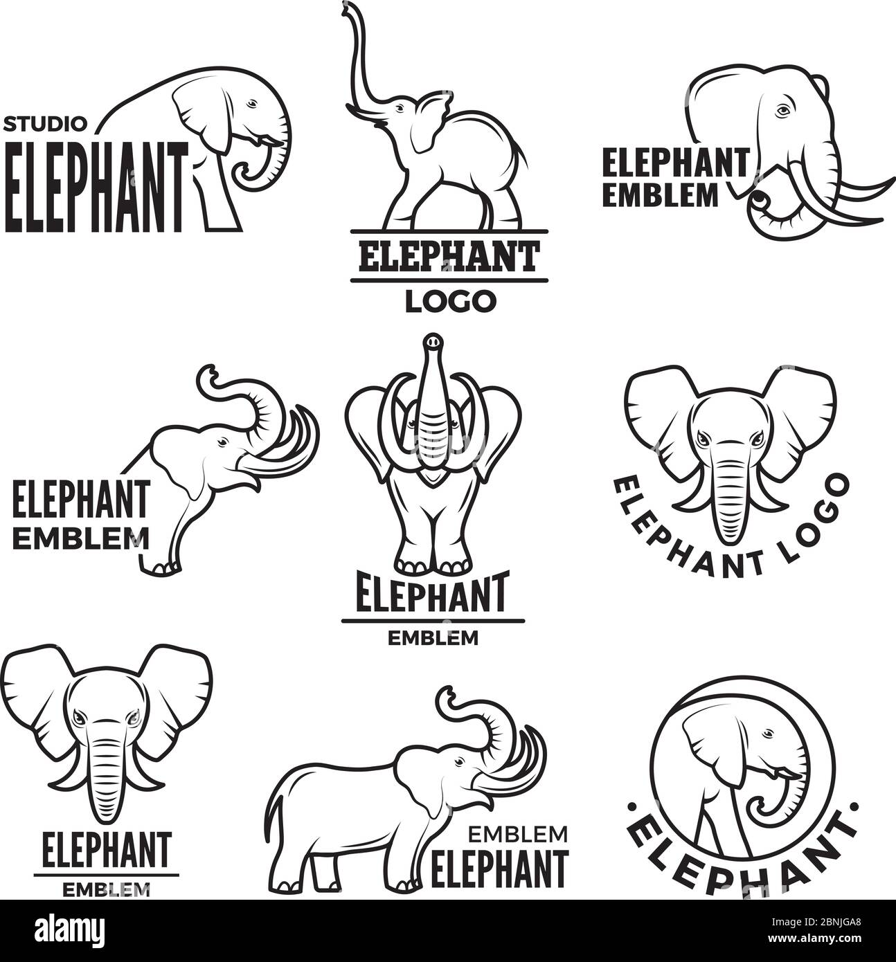 Stylized illustrations of elephants. Templates for logo design Stock Vector