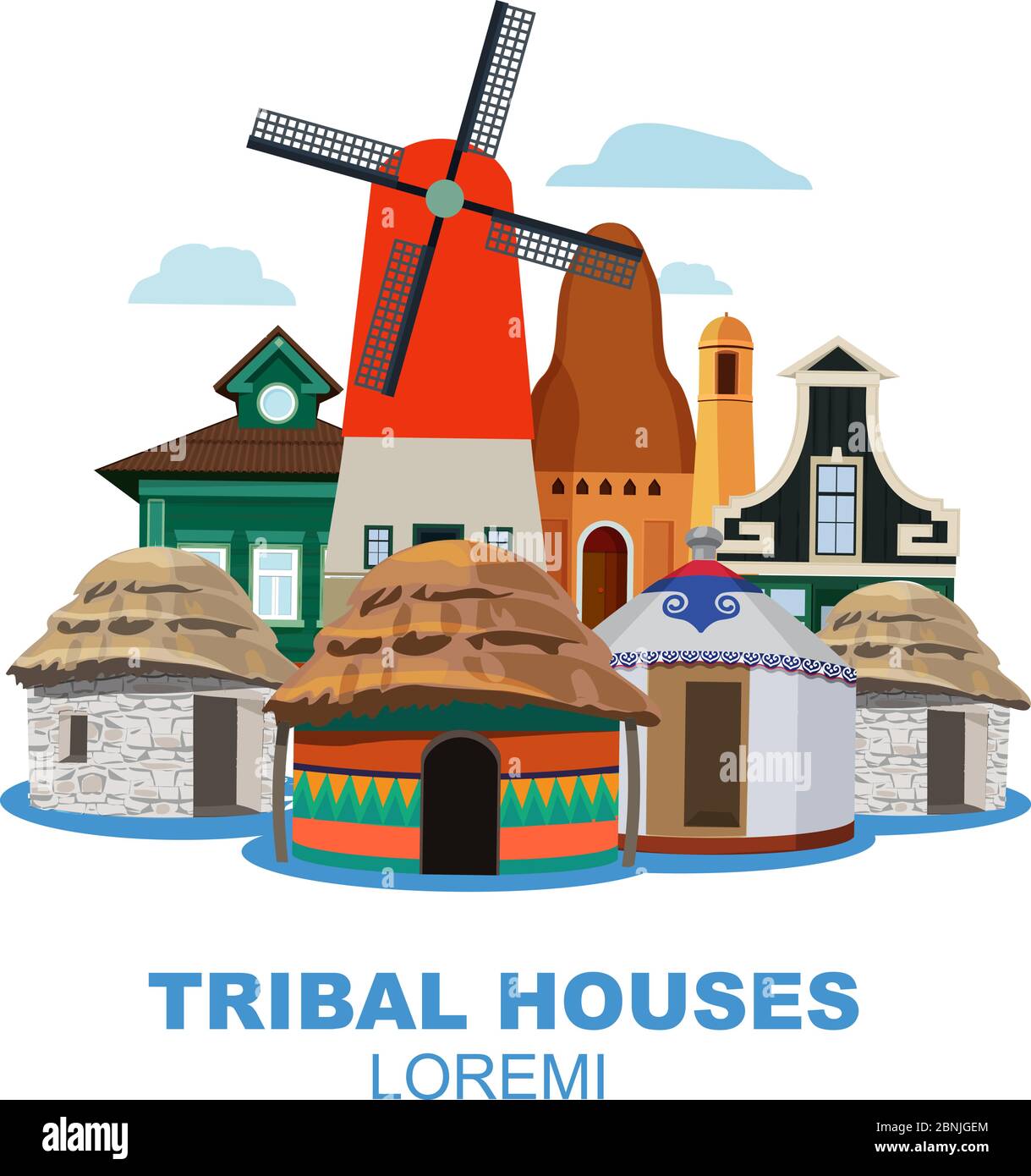 Traditional tribal houses from different peoples Stock Vector