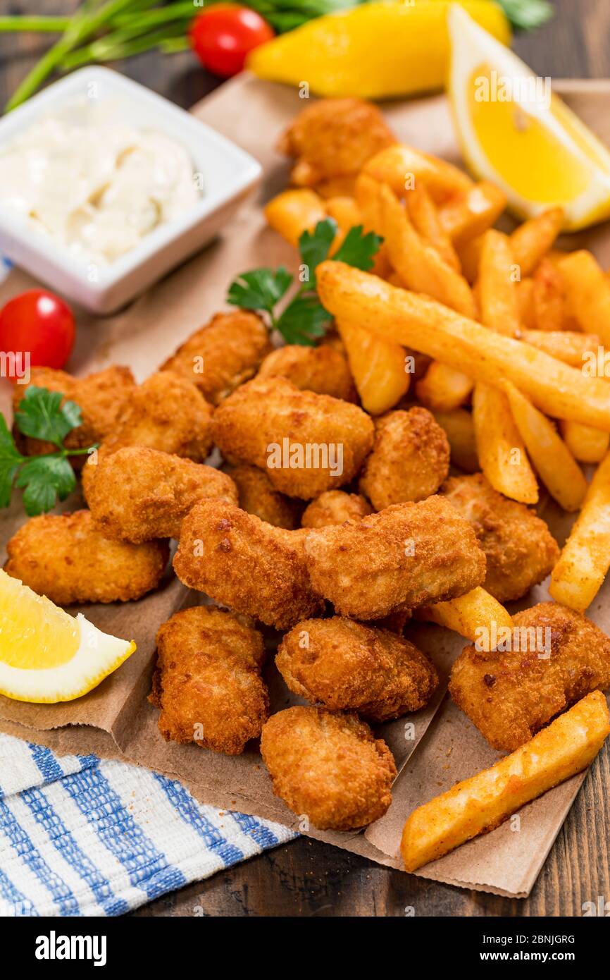 Crispy Fish Bites Snack Size. Deep Fried Pollock Fish Fingers with